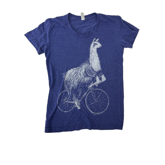 Llama Bicycle T Shirt American Apparel Crew Neck Unisex Cotton Funny Blue Small - Picture 1 of 7